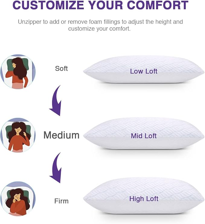 Cooling King Size Pillows Set of 4, Shredded Memory Foam Pillows with Zipper, Adjustable Firmness for Sleeping Cool Cold Pillow for Hot, Side Sleepers,20x36,4 Pack