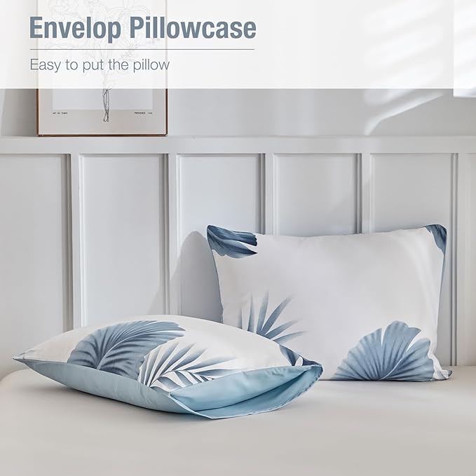 Lekesky Queen Duvet Cover Set, Tropical Blue Palm Pattern Duvet Cover Queen Size, 3 Pieces White Bedding Sets with Zipper, Ultra Soft Microfiber Reversible Floral Queen Size Comforter Cover