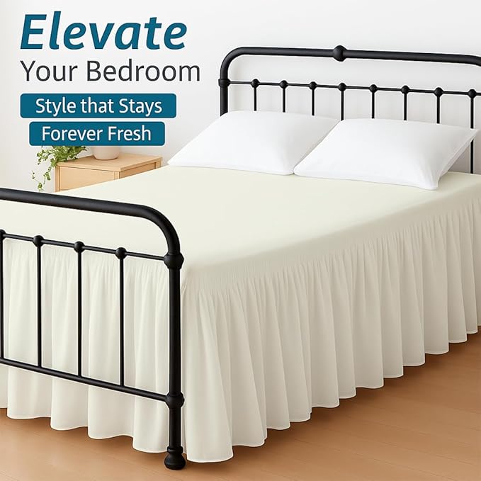 Shreem Linen Ruffled Bed Skirt with Split Corners, Gathered Style, 100% Microfiber, 16-Inch Drop, Dust Ruffle Bedskirt with Platform, Cal-King, Ivory