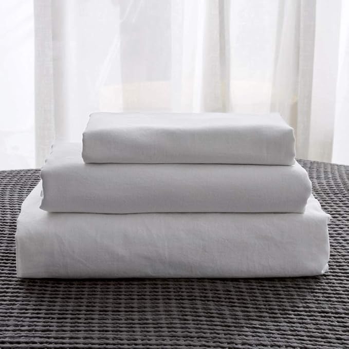 Simple&Opulence Belgian Linen Sheet Set Solid Color - 3 Pieces (1 Flat Sheet, 1 Fitted Sheet & 1 Pillowcase) Natural Flax Cotton Blend Soft Breathable Farmhouse Bedding - Twin Size, White