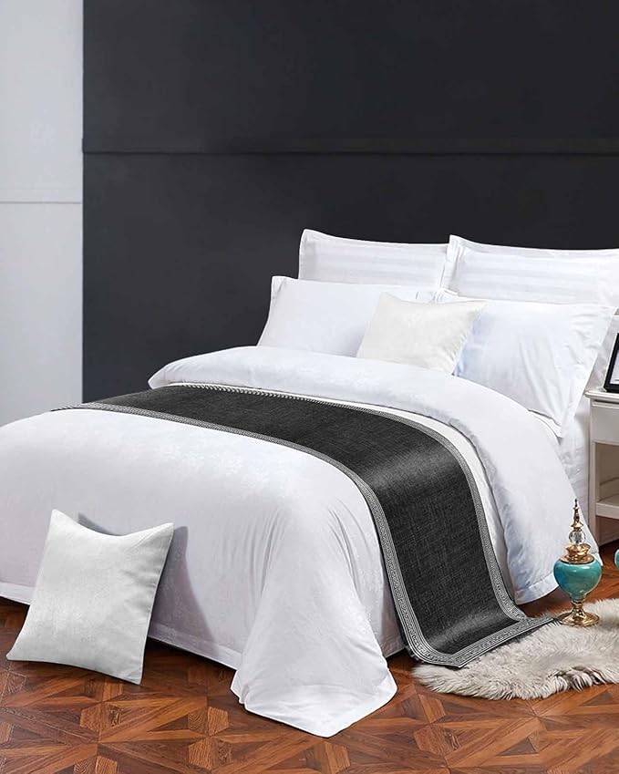 Greece Key Design Black White Bed Runners for Bedroom Hotel,Decorative Bedding Scarf Vintage Burlap Linen Bed End Blanket Bedding Runner Scarves for King Size Bed,102x20in