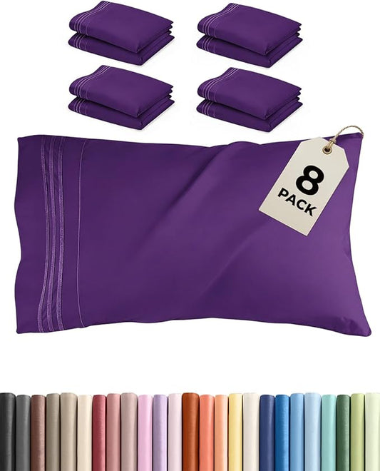 Queen Pillow Cases Set of 8 - Ultra Soft Hotel Quality Pillowcase Covers - Comfy & Wrinkle Free - Shrink, Stain & Fade Resistant - Easy-Care, Machine Washable Pillow Protectors - 8 Piece Set - Purple