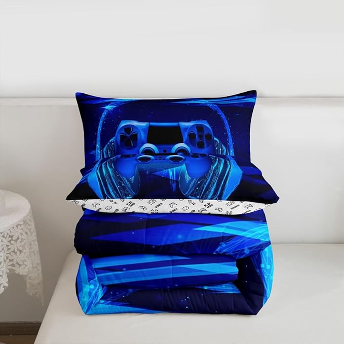 Feelyou Gamer Bedding Set Kids Video Game Gamepad Comforter Set for Boys Teens Gaming Headset Comforter Breathable Blue Game Controller Duvet Set Room Decor Quilt Set Toddler Size