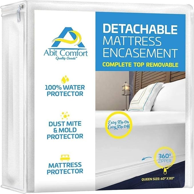 mattress cover queen, deep size pocket mattress protector encasement detachable top, waterproof, easy to install 360˚ zipper, queen size 13" deep