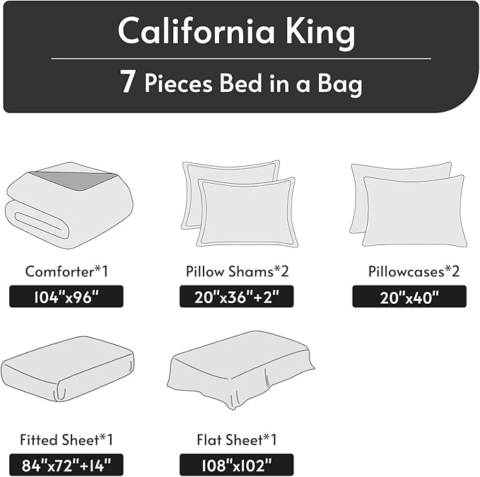 MUXHOMO 7 Pieces California King Comforter Set, Reversible Bed in a Bag Cal King Size, All Season Bedding Set with Comforter, Flat Sheet, Fitted Sheet, Pillowcases & Shams, Peacock Blue & Ivory