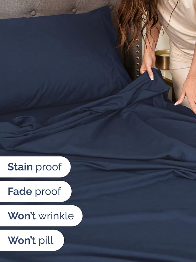 Extra Deep Split King Sheet Set - 7 Piece Breathable and Cooling Sheets - Hotel Luxury Bedding for Women, Men, Kids & Teens - Easy Secure Fit - Soft and Wrinkle Free - Extra Deep Pockets - Navy Blue