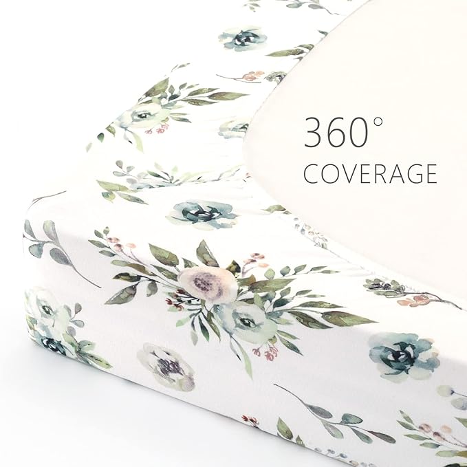 GRSSDER Stretchy Ultra Soft Jersey Knit Fitted Crib Sheets Set 2 Pack, Cozy Crib Sheet Fits All Standard Crib Mattress Pads, Stylish Watercolor Rose and Flora