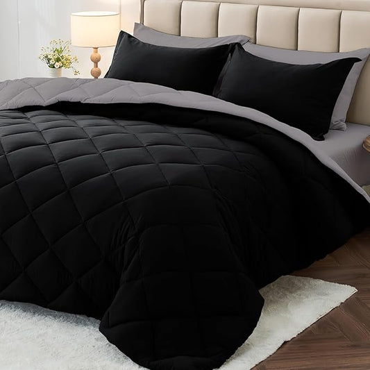 MUXHOMO 7 Pieces King Comforter Set, Reversible Bed in a Bag King Size, All Season Bedding Set with Comforter, Flat Sheet, Fitted Sheet, Pillowcases & Shams, Black & Soot