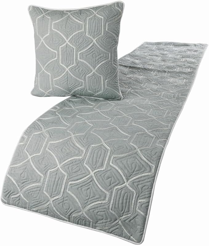 The HomeCentric King Queen Twin Grey Blue Bed Runner with Decorative Throw Pillow Cover, CA King Size 86"x18" Bed Runner with Pillow Cover, Linen Quilted Embroidery, Modern Contemporary - Atmosphere