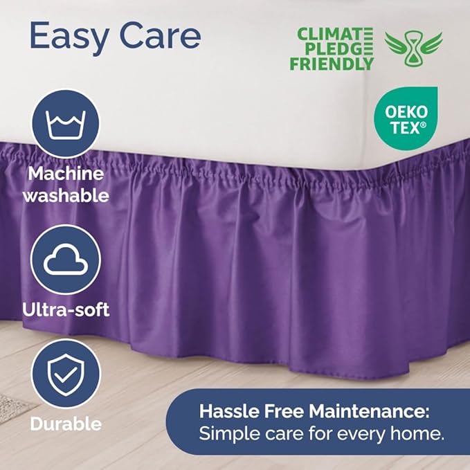 Wrap Around Dust Ruffle Bed Skirt - Purple - for King Size Beds with 21 Inch Drop - Easy Fit Elastic Strap - Adjustable Pleated Bedskirt w/Brushed Fabric - Wrinkle Free - for Women, Men, Kids & Teens