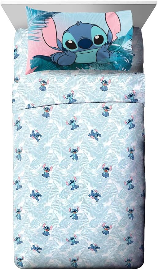 Jay Franco Kids Sheet Set with Fitted, Flat Sheets & Pillow Cover - Ultra-Soft Bedding with Pillowcase for Room Decor, Teal - Lilo & Stitch, 3 Piece Twin