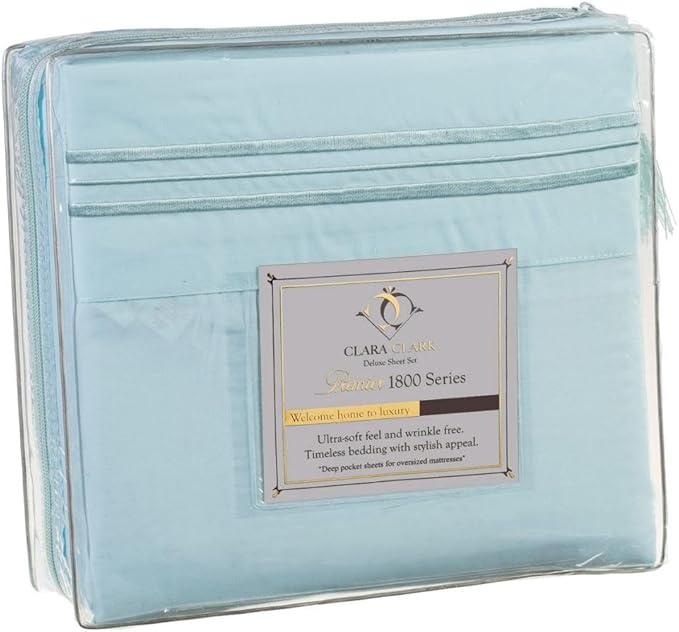 Clara Clark 1800 Series Bed Sheet Sets - Stay fit on Mattress with Elastic Straps at Corners - Full (Double), Light Blue Aqua
