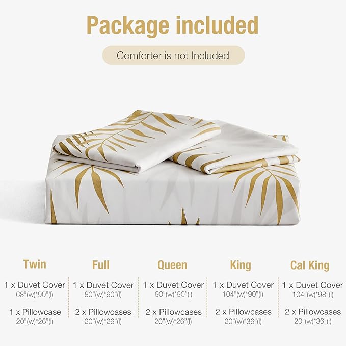 Lekesky Queen Duvet Cover Set, White and Gold Tropical Palm Leaf Pattern Comforter Cover Queen Size, 3 Pieces Soft Microfiber Bedding Sets with Zipper & 2 Pillowcases, Comforter Not Included