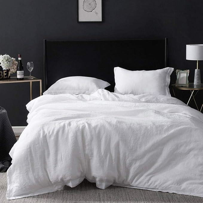 Simple&Opulence 100% Linen Duvet Cover Set with Embroidery Border Washed - 3 Pieces (1 Duvet Cover with 2 Pillow Shams) with Button Closure Soft Breathable Farmhouse - White, Full Size