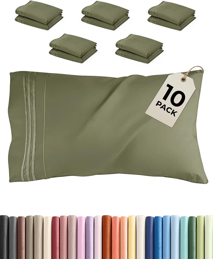 Queen Pillow Cases Set of 10 - Ultra Soft Hotel Quality Pillowcase Covers - Comfy, Cozy & Wrinkle Free - Shrink, Stain & Fade Resistant - Machine Washable Pillow Protectors - 10 Pcs Set - Sage Green