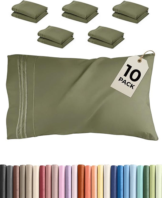Queen Pillow Cases Set of 10 - Ultra Soft Hotel Quality Pillowcase Covers - Comfy, Cozy & Wrinkle Free - Shrink, Stain & Fade Resistant - Machine Washable Pillow Protectors - 10 Pcs Set - Sage Green