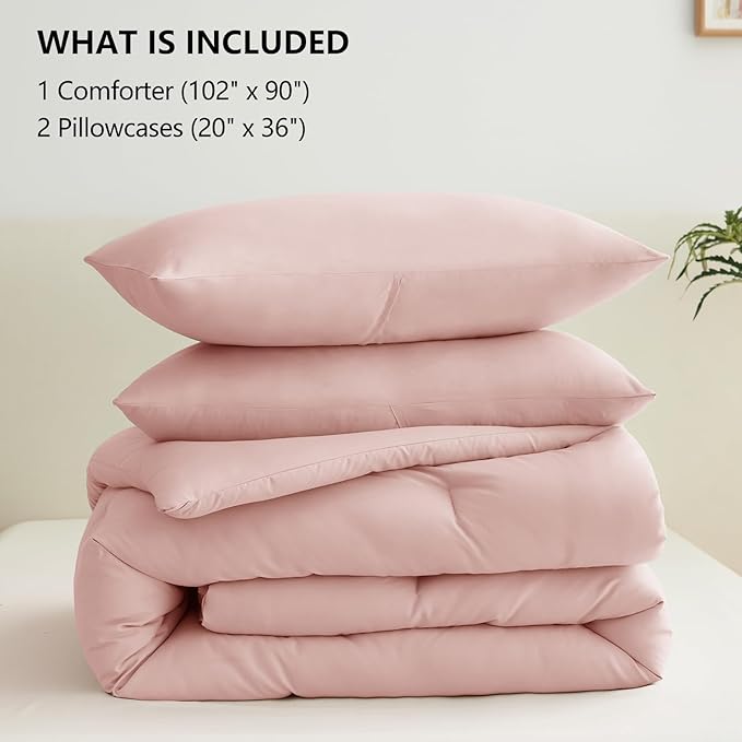 CozyLux Blush Pink King Size Comforter Set for Girls, 3 Pieces Women Solid Breathable Quilted Bedding Sets, Luxury Soft Bed Set with Down Alternative Comforter All Season (1 Comforter & 2 Pillowcases)
