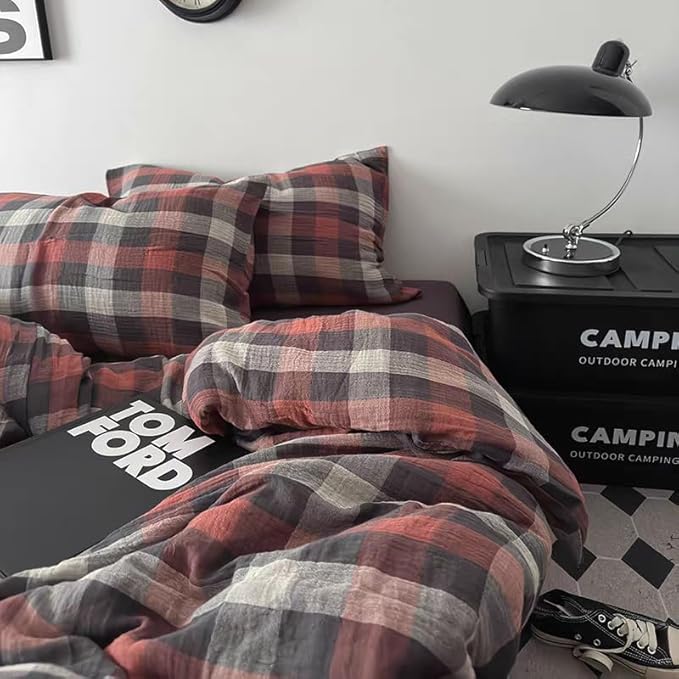 VM VOUGEMARKET Cotton Muslin Duvet Cover Queen Red Plaid Bedding Set Soft Breathable Linen Like Gauze Gingham Comforter Cover with Zipper Closure for Teen Men,90"x90"