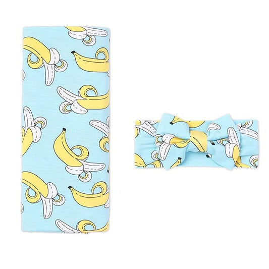Little Sleepies Swaddle & Headband Bow Set, Viscose from Bamboo Baby Swaddles, Newborn Baby Girl Clothes (Bananas)