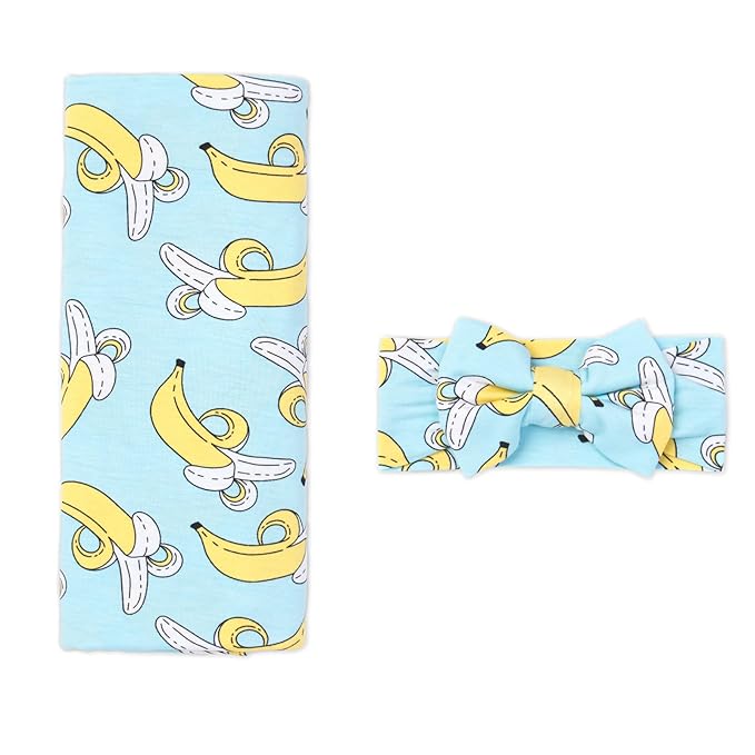 Little Sleepies Swaddle & Headband Bow Set, Viscose from Bamboo Baby Swaddles, Newborn Baby Girl Clothes (Luxe Bananas)