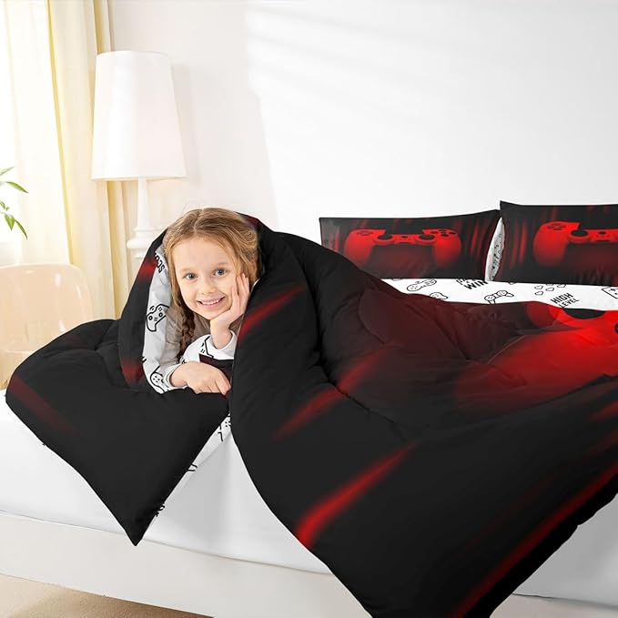 Feelyou Boys Gamer Comforter Set Queen Size Gaming Bedding Set Kids Video Games Comforter for Teen Child Gamer Room Decor Super Soft Red Black Bed Microfiber Game Geometric Duvet Quilted Boy Gift