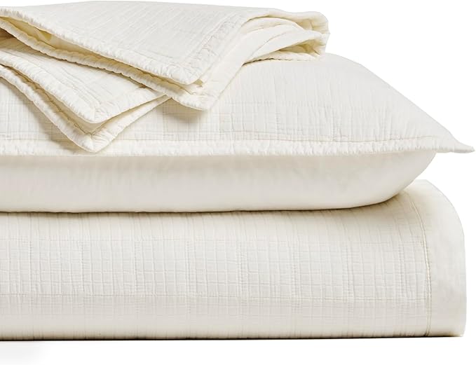 EVERGRACEHOME Stonewashed Cotton Quilt Set Full Queen Size, Ultra Soft Oversized Bedspread Coverlet Set, Lightweight Crinkle Box Stitch Bedding Sets for All Season, with 2 Shams, Ivory White