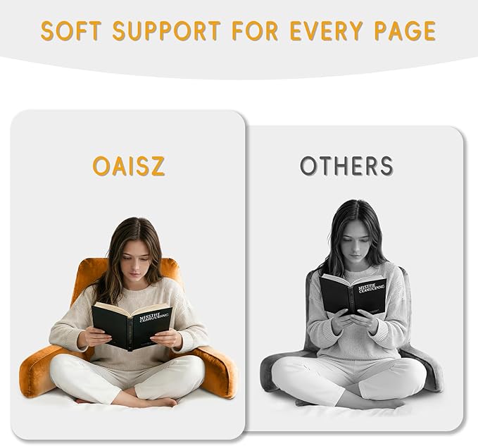 Reading Pillow for Sitting in Bed Adult, X-Large Reading Pillow with Shredded Memory Foam, Back Pillow for Sitting Up with Extend Arms, Pockets, Bed Pillow with Washable Cover, Orange