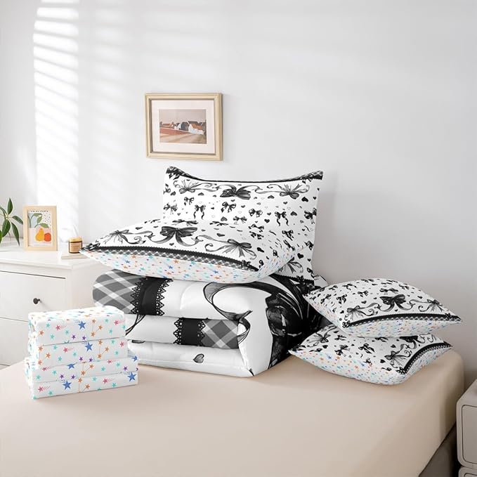 Feelyou Bowknot Comforter Set King Size 7 Pieces Dreamy Princess Bedding Set for Kids Boys Girls Cute Bow Bed in a Bag with Comforter, Sheets, Pillowcases, Cushion Covers Love Hearts Quilted Soft