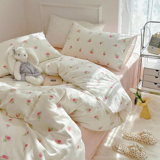 Nayoroom Pink Floral Duvet Cover Full Size Cute Tulip Printed on White Comforter Cover 3Pcs Kids Girls Kawaii Cottagecore Bedding Set with Zipper Closure Soft Breathable Microfiber