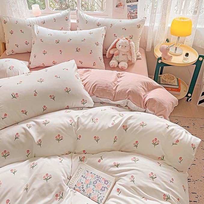 Nayoroom Pink Floral Duvet Cover Full Size Coquette Tulip Printed on White Reversible Comforter Cover 3Pcs Kids Girls Cottagecore Bedding Set with Zipper Closure Soft Breathable Microfiber
