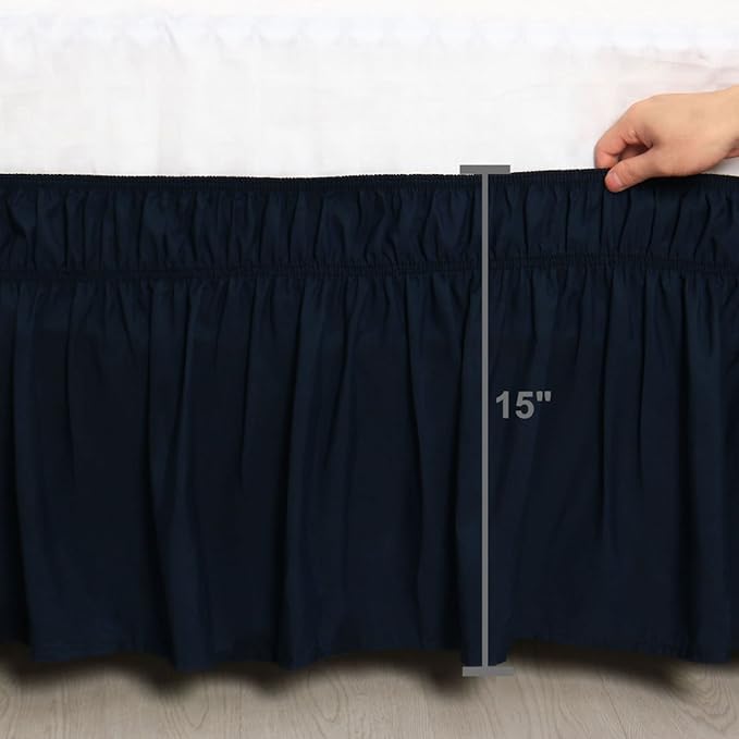 Bed Skirt - Wrap Around Bed Skirts Elastic Dust Ruffles, Easy Fit Wrinkle and Fade Resistant Luxurious Fabric Solid Color, Navy Blue Full XXL Size Beds 15 Inch Drop