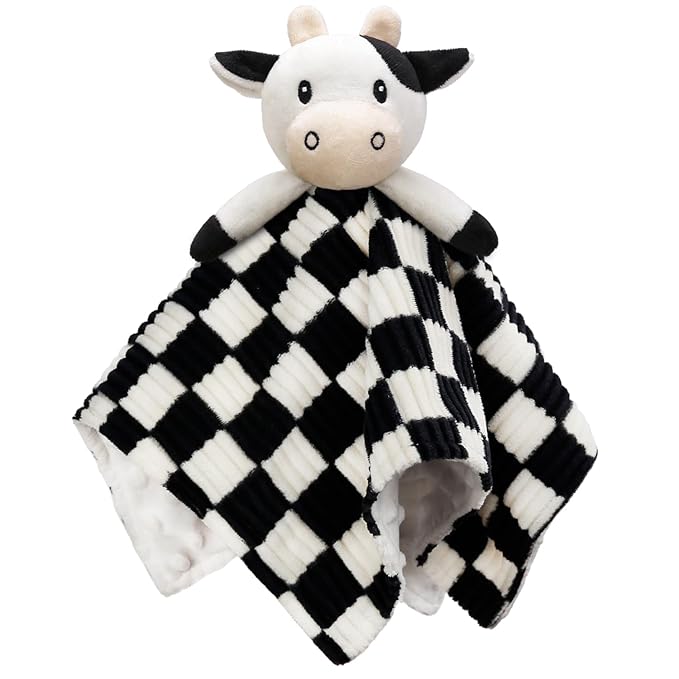 Cow High Contrast Baby Security Blanket for Babies, Soft 3D Checkerboard Lovey with Minky Dot Fabric Backing, Newborn Boys and Girls Snuggle Stuffed Animal Blankie 14 Inch