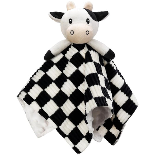 Cow High Contrast Baby Security Blanket for Babies, Soft 3D Checkerboard Lovey with Minky Dot Fabric Backing, Newborn Boys and Girls Snuggle Stuffed Animal Blankie 14 Inch