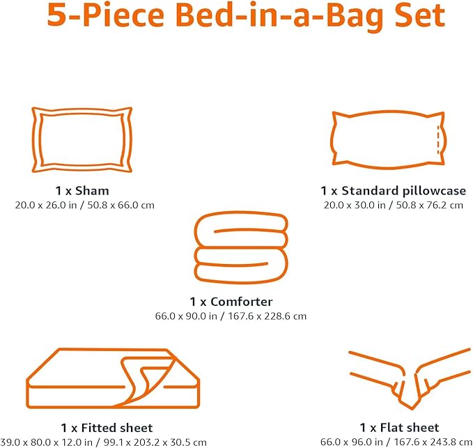 Amazon Basics 5-Piece Lightweight Microfiber Bed-In-A-Bag Comforter Bedding Set, Soft, Twin XL, Blue Stripe