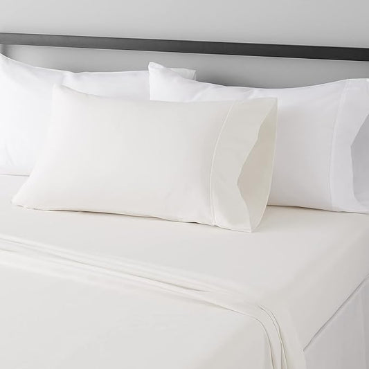 Amazon Basics Lightweight Ultra-Soft, Breathable, Wrinkle Free Brushed Microfiber 3 Piece Bed Sheet Set with 14-Inch Deep Pockets, Twin XL, Cream, Solid