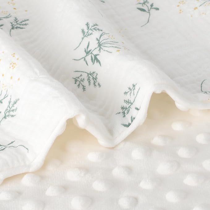 Cotton Muslin Front Fluffy-Backed Baby Swaddle Blankets Double Layer Nursery Plush Dotted Fleece Back Receiving Bed Quilt Blanket for Unisex Newborn Toddler Boys Girls 30 x 41 Inches