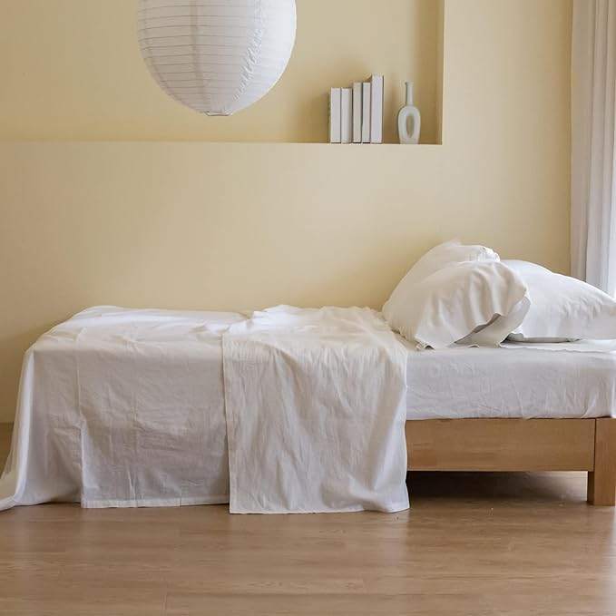 Simple&Opulence Belgian Linen Sheet Set Solid Color - 6 Pieces (1 Flat Sheet & 1 Fitted Sheet & 4 Pillowcases) 16" Deep Pocket Natural Flax Cotton Blended Soft Bedding - White, California King