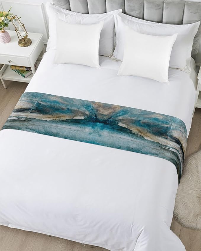 Abstract Mottled Turquoise Green Gray Art Bed Runners for Bedroom Hotel,Decorative Bedding Scarf Retro Painting Bed End Blanket Bedding Runner Scarves for King Size Bed,102x20in