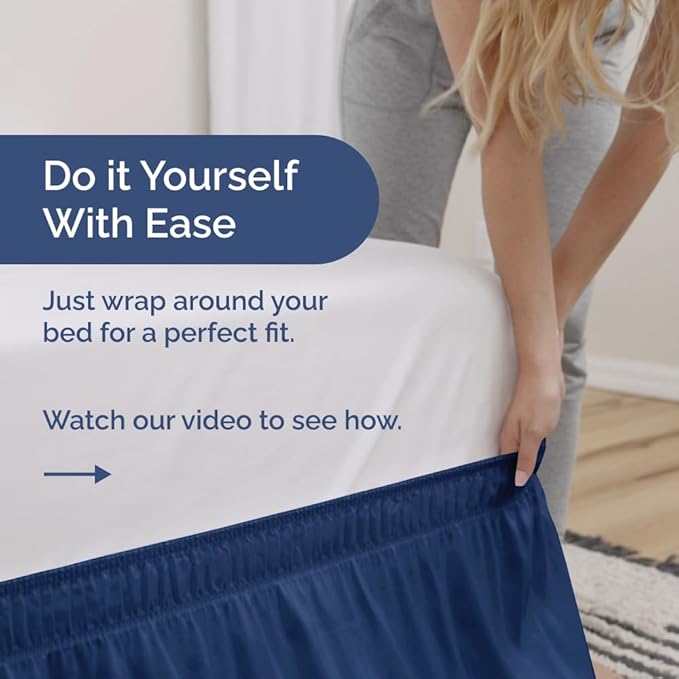 Wrap Around Dust Ruffle Bed Skirt - Navy Blue - for Full Size Beds w/ 16 Inch Drop - Easy Fit Elastic Strap - Adjustable Pleated Bedskirt with Brushed Fabric, Wrinkle Free Women, Men, Kids and Teens
