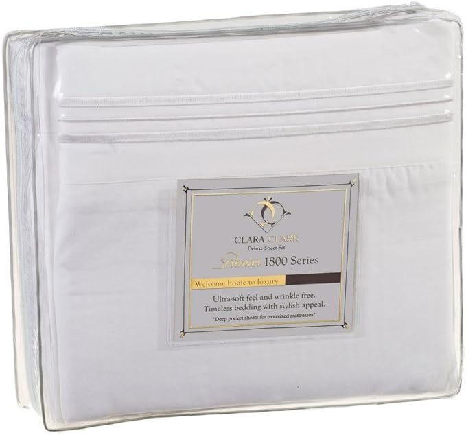 Clara Clark 1800 Series Bed Sheet Sets - Stay fit on Mattress with Elastic Straps at Corners - King, White