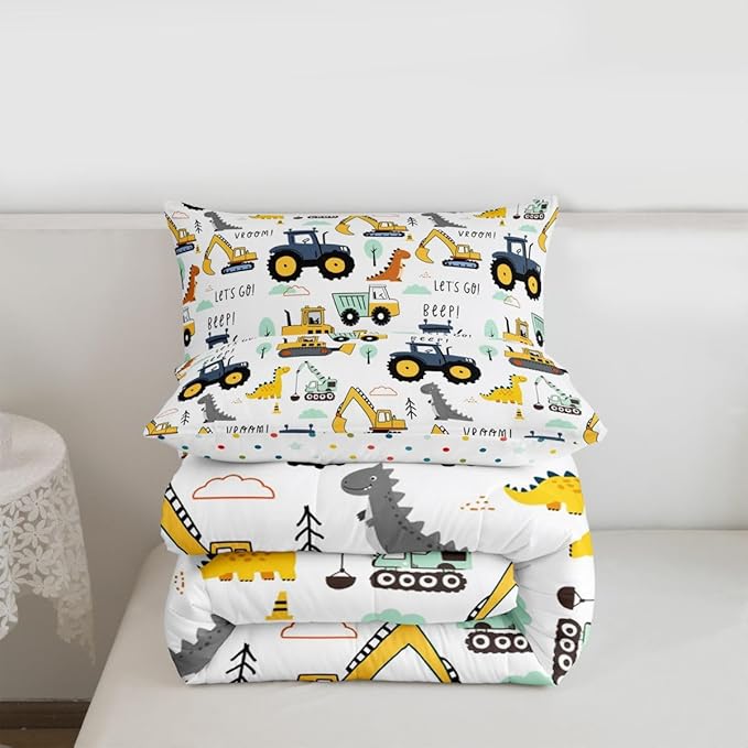 Cartoon Car Kids Comforter Set King, Excavator Tractor Bedding Set for Child Teens, Dinosaur Comforter Equipment Truck Quilted Duvet, Heavy Machinery Construction Bedding Comforter with 2 Pillowcases