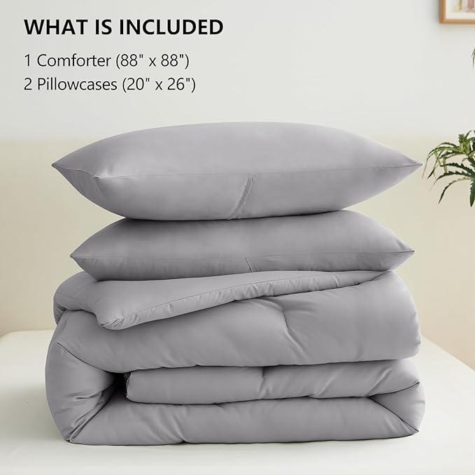 CozyLux Queen Comforter Set Grey, 3 Pieces Solid Gray Queen Comforter Breathable Quilted Bedding Sets, Luxury Soft Bed Set with Down Alternative Comforter for All Season (1 Comforter & 2 Pillowcases)