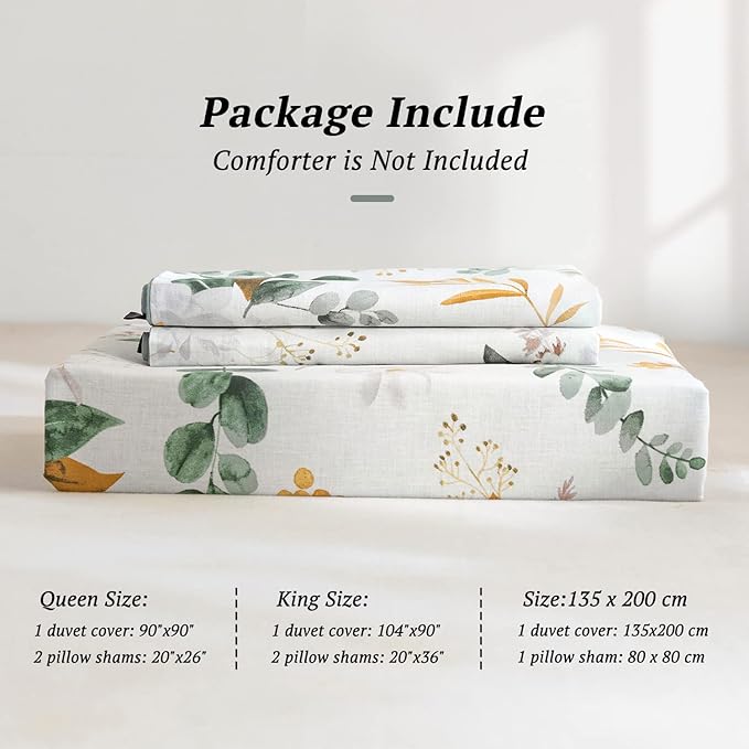 MILDLY 100% Washed Cotton Duvet Cover Set - Garden Flower Printed Autumn Comforter Cover Set Twin Size Soft Breathable Bedding Set with Zipper Ties