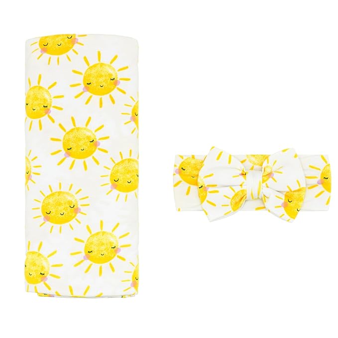 Little Sleepies Swaddle & Headband Bow Set, Viscose from Bamboo Baby Swaddles, Newborn Baby Girl Clothes (Luxe Sunshine)