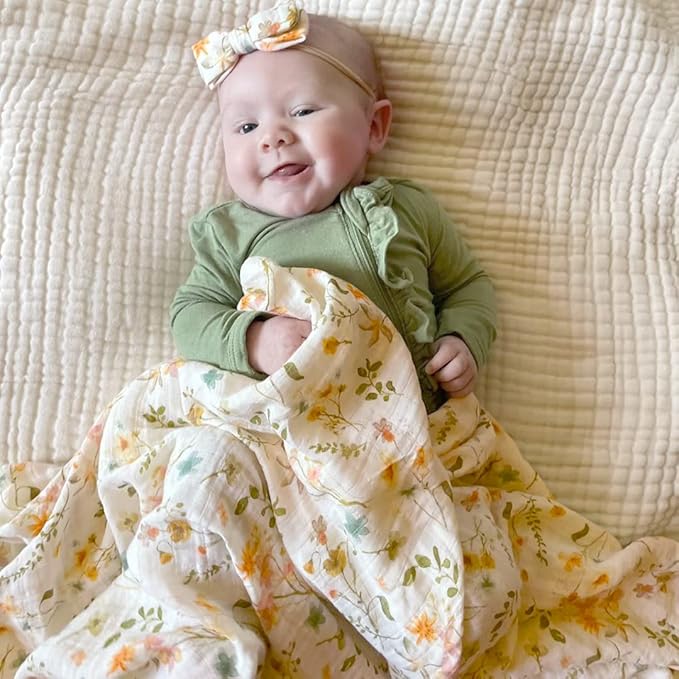 LifeTree Newborn Swaddle Set with Matching Hat and Bow Set, Wooden Birth Announcement Card, Floral Baby Girl Newborn Receiving Blankets Baby Swaddle Nursery Wildflower