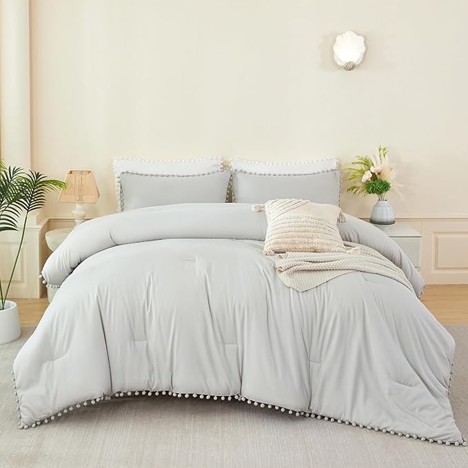 PERFEMET Light Grey Comforter Twin Size 5-Piece Bed in a Bag Set Pom Pom Bedding with Sheets for Girls Boys Soft Fluffy Down Alternative Boho Solid Comforter Set(Light Grey, Twin)