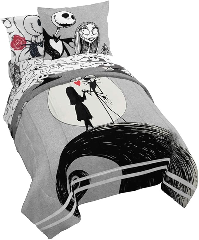 Jay Franco Disney Nightmare Before Christmas Moonlight 5 Piece Twin Bed Set - Includes Reversible Comforter & Sheet Set - Features Jack Skellington and Sally - Super Soft Microfiber