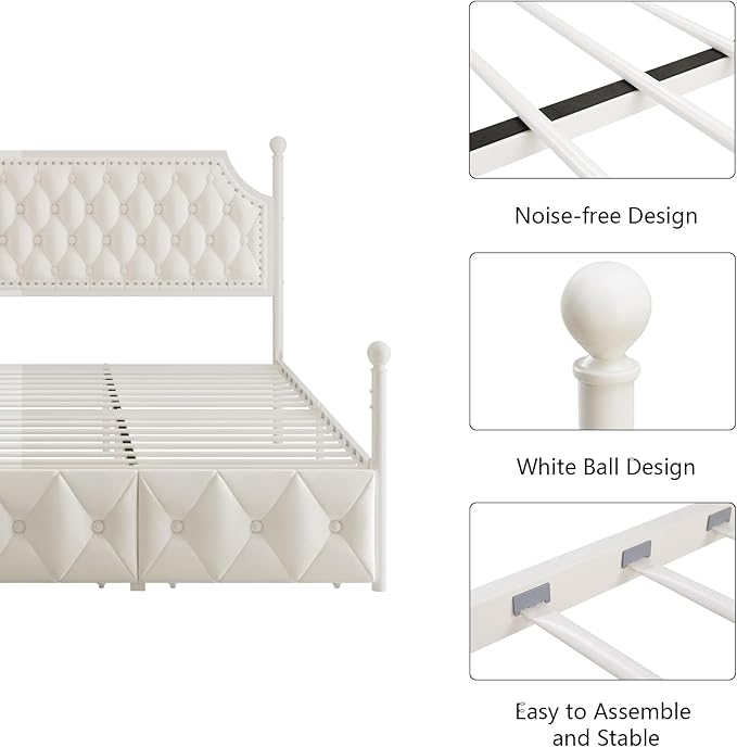 Keyluv Queen Upholstered Canopy Bed Frame with 2 Drawers and Button Tufted Headboard, Metal Platform Bed with 4 Removable Posts Two-Purpose Velvet Bed No Box Spring Needed, Beige/Curtains Not Included