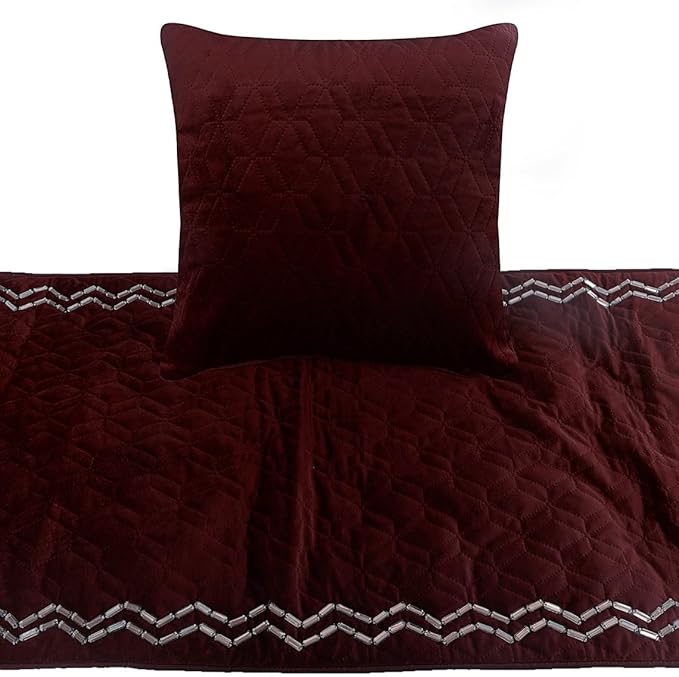 The HomeCentric King Queen Twin Deep Wine Decorative Twin 53"x18" Bed Runner with Pillow Cover, Quilted & Crystals Bed Scarf on Velvet Fabric - Diamond Symphony