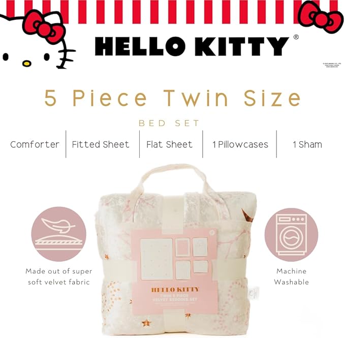 Lux Hello Kitty Velvet Bedding 5 Piece Super Soft Cozy Reversible Comforter and Sheet Set with Sham & Tote Bag, Twin, (Officially Licensed Product) by Franco